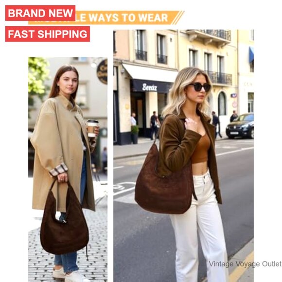 Slouchy Faux Suede Hobo Bag Crossbody Tote Adjustable Strap Medium Size - Picture 2 of 7